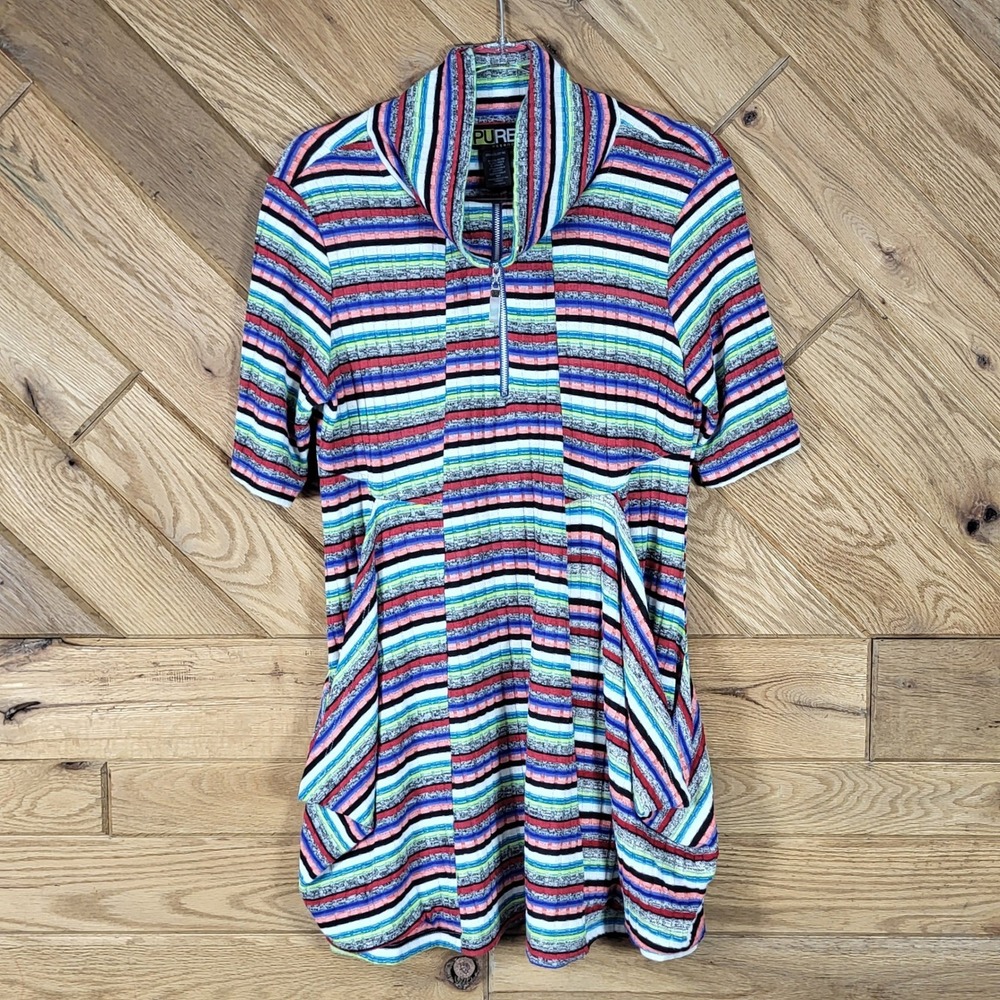 Pure Essence Tunic Top Womens Medium Quarter Zip Ribbed Stripe Multi Color